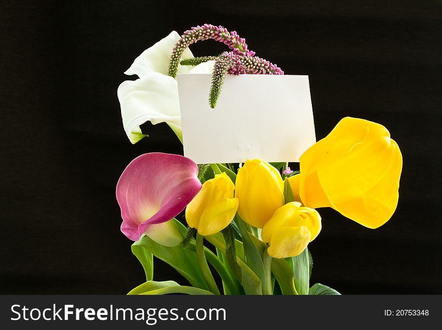 Beautiful bouquet of tulips and calla lilies on a black background