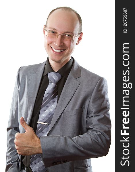 Smiling Business Man With His Finger Shows Positiv