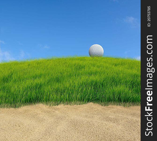 Golf ball on grass course with sand space. Golf ball on grass course with sand space