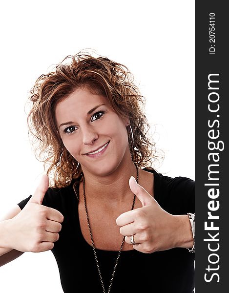 A young attractive woman with thumbs up taken in a studio with a white background perfect for cutout.