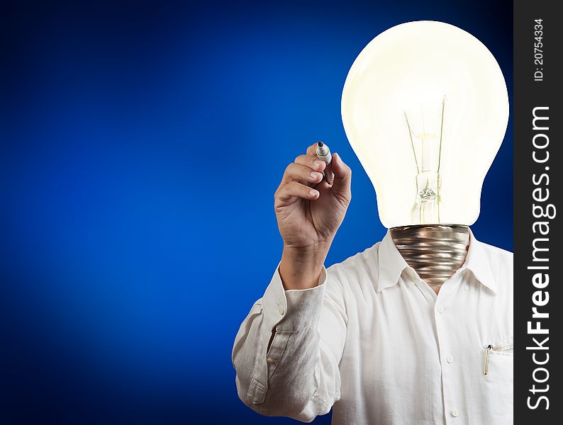 Businessman with lamp-head drawing on white board