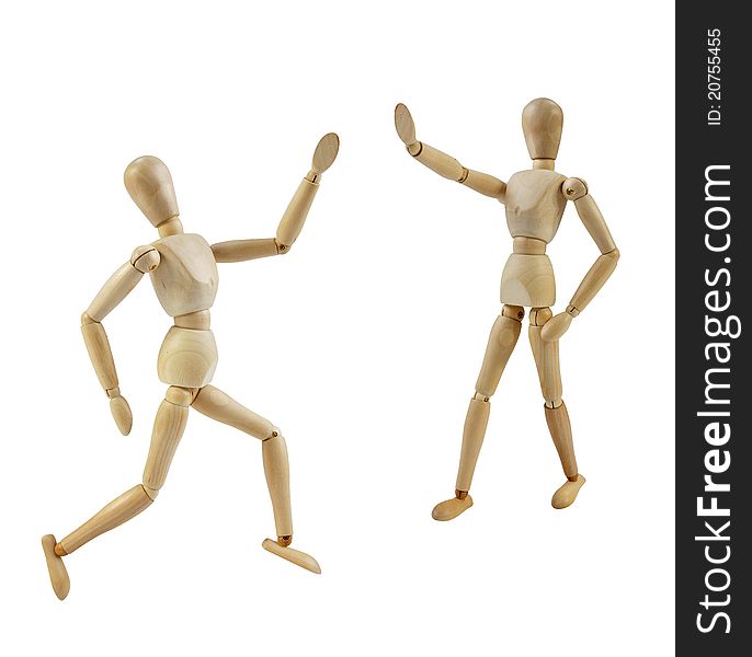 Artist Mannequin running and one is stopping, isolated wood human model