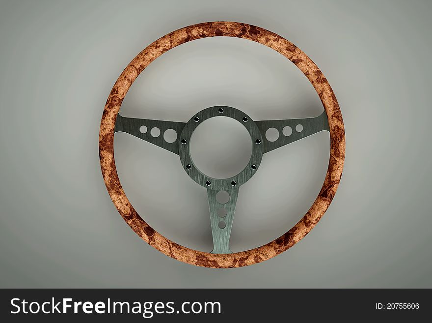 3d retro steering wheel on grey background