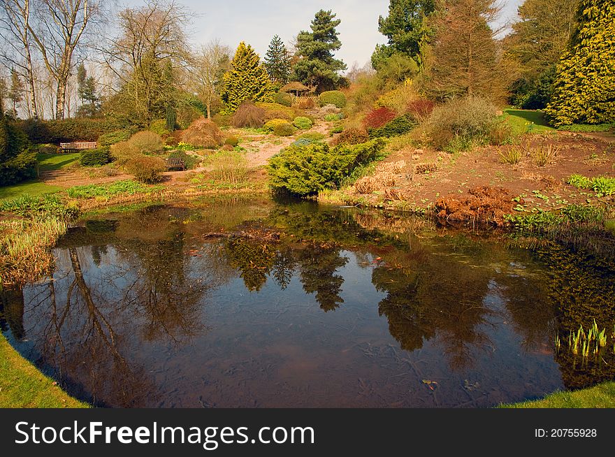 The pond and reflections at dorothy clive gardens in cheshire in england. The pond and reflections at dorothy clive gardens in cheshire in england