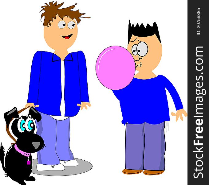 Boy blowing bubble gum  with other boy and dog with expressions. Boy blowing bubble gum  with other boy and dog with expressions