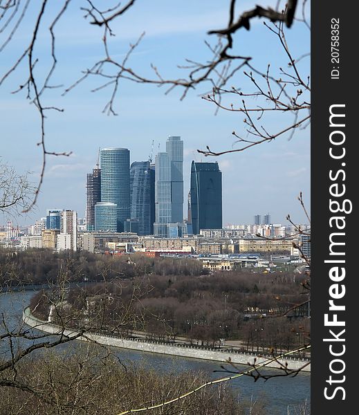 View of the skyscrapers in Moscow from Sparrow Hills. View of the skyscrapers in Moscow from Sparrow Hills