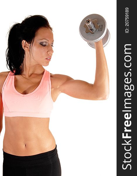 Pretty young woman lifting a dumbbell with her left arm showing her muscles and very lean body, for white background. Pretty young woman lifting a dumbbell with her left arm showing her muscles and very lean body, for white background.