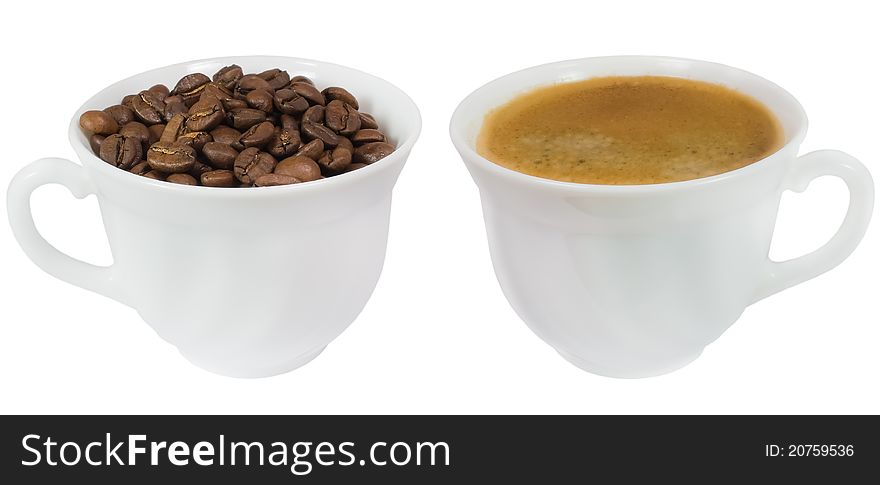 Two cups of coffee and coffee beans isolated on white background