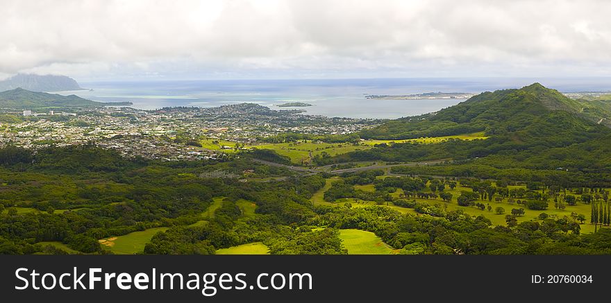 View of Eastern Oahu as seen from the Pali lookout. View of Eastern Oahu as seen from the Pali lookout