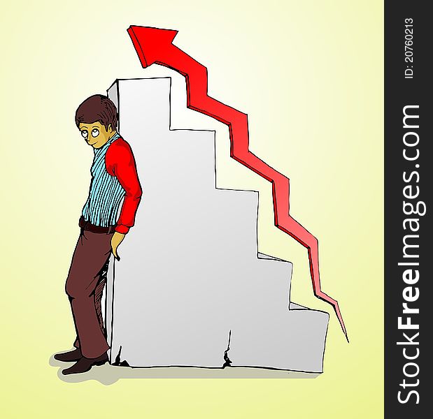 businessman standing, chart and red grow arrow