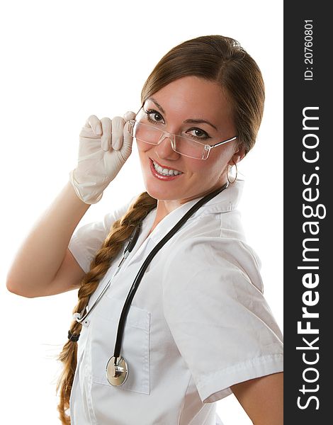 Young doctor with long hair wearing glasses and rubber gloves, sterile on the isolated white background. Young doctor with long hair wearing glasses and rubber gloves, sterile on the isolated white background