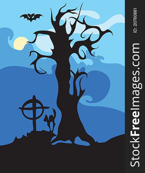Night halloween background with tree