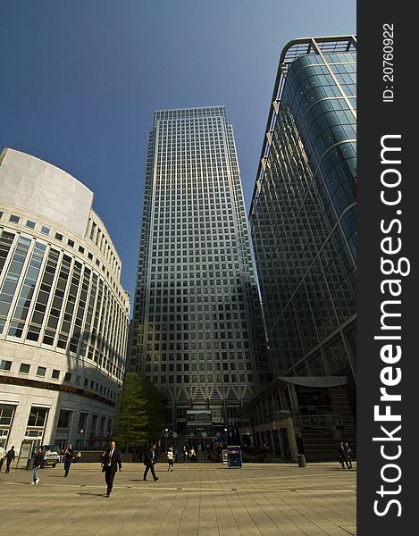 London Canary Wharf business centre with blue sky