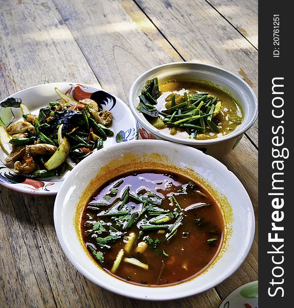 Curry, Tom Yum soup, and stir-fry from a cooking school in Thailand. Curry, Tom Yum soup, and stir-fry from a cooking school in Thailand