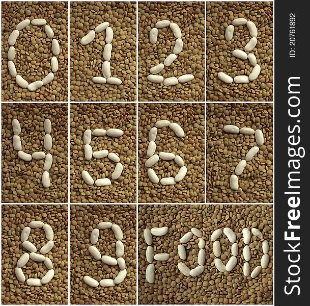 Numbers made of white beans on the lentils background. Numbers made of white beans on the lentils background