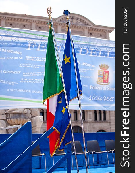 Italian and Europe flags, Police party in Trieste