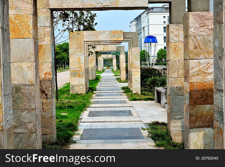 Stone gate and path in a university