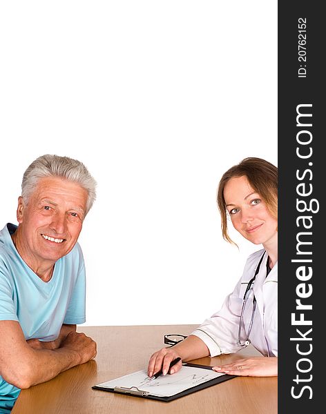 Old man with doctor sit at table on white. Old man with doctor sit at table on white