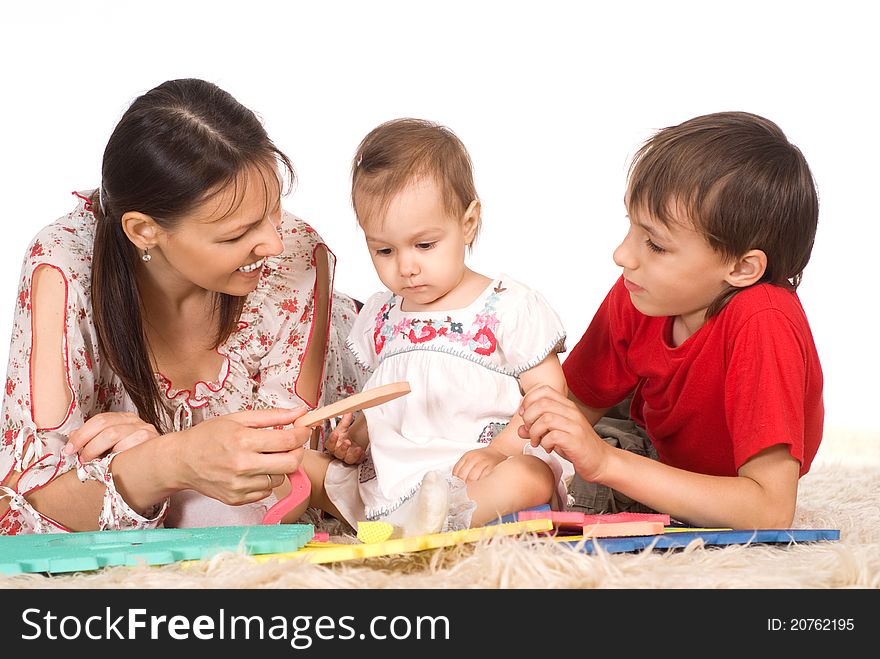 Portrait of a mom with children on white. Portrait of a mom with children on white