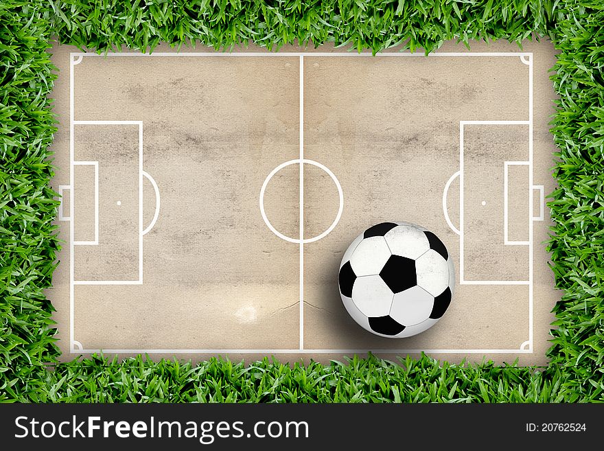 Soccer field pattern and football in green grass frame