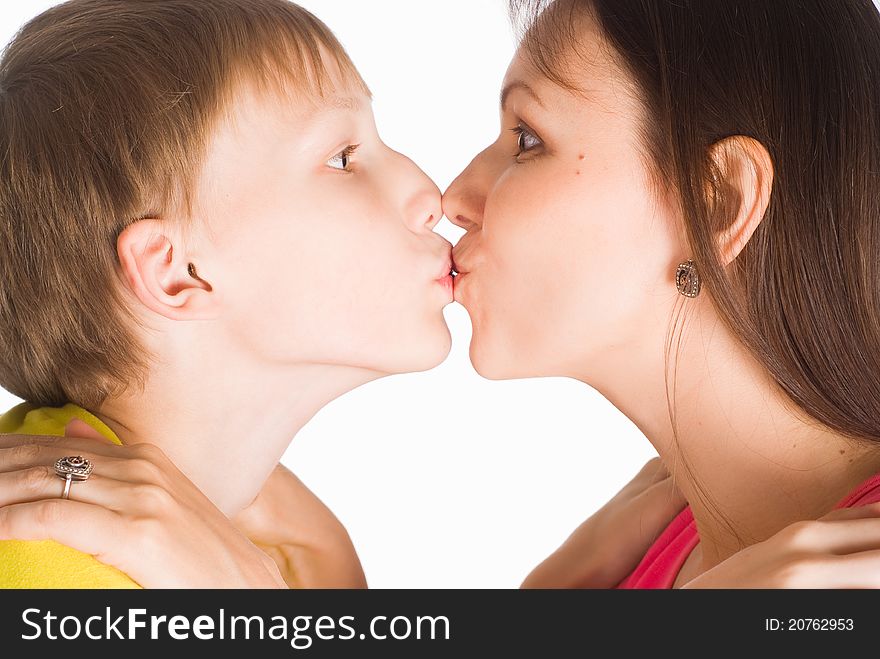 Portrait of a mom with her son on a white. Portrait of a mom with her son on a white