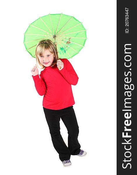 Little girl in a red shirt holding a green oriental umbrella. Little girl in a red shirt holding a green oriental umbrella