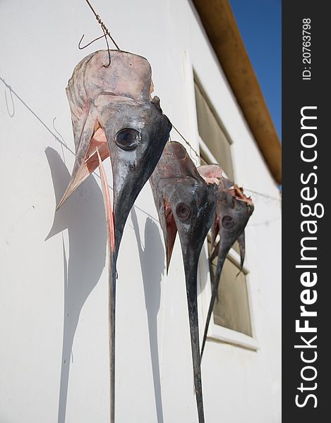 Swordfish heads hanging in Greek tavern