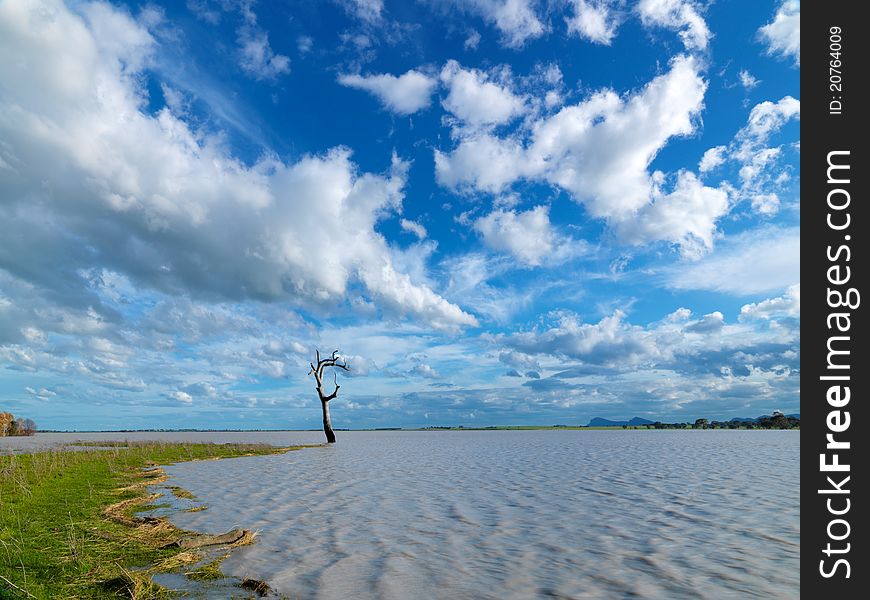 White clouds blue sky over lake