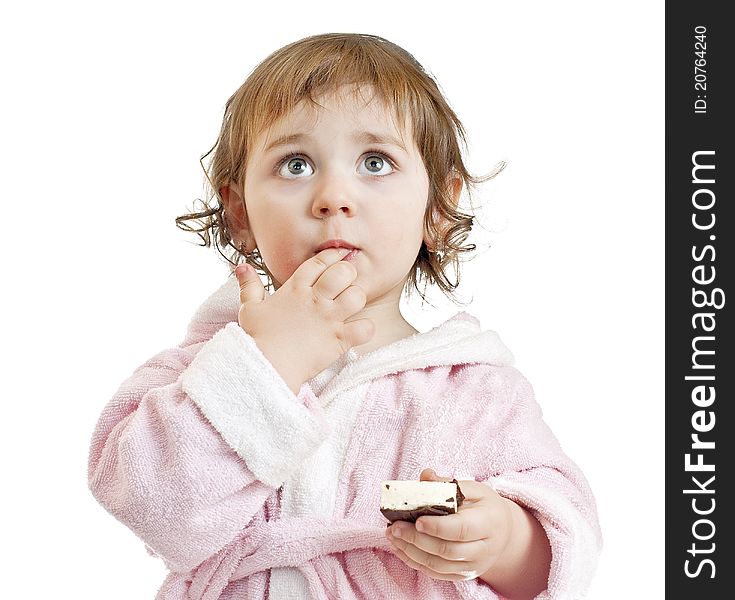 Baby girl with candy isolated on white