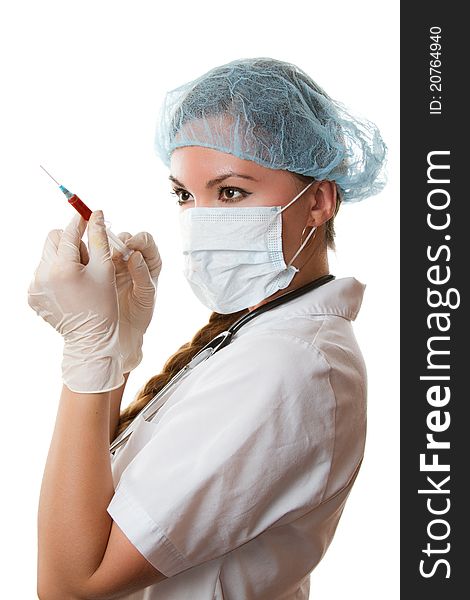 Nurse in white medical coat with  injection