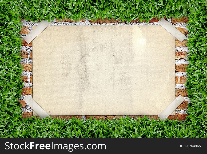 Old poster in green grass frame. Old poster in green grass frame
