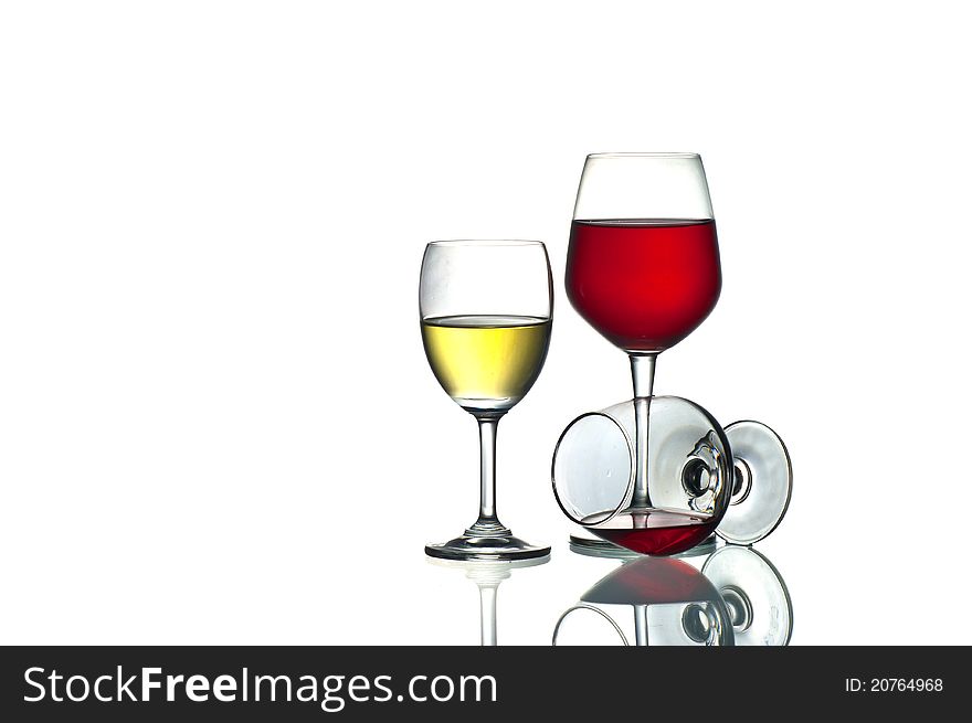 white and red wine isolated on white,