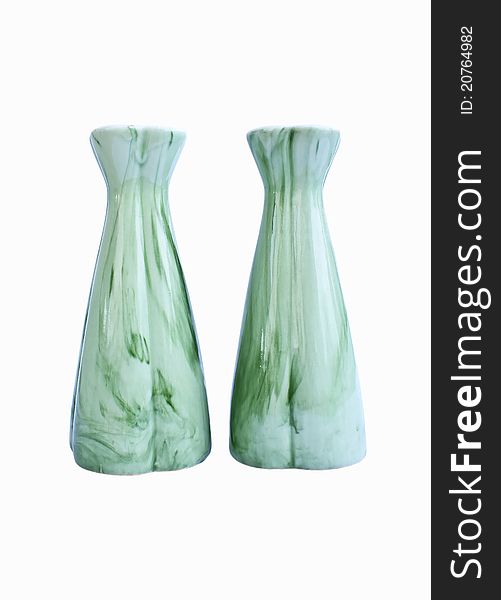 A pair of porcelain vase with jade stripes on a white background.