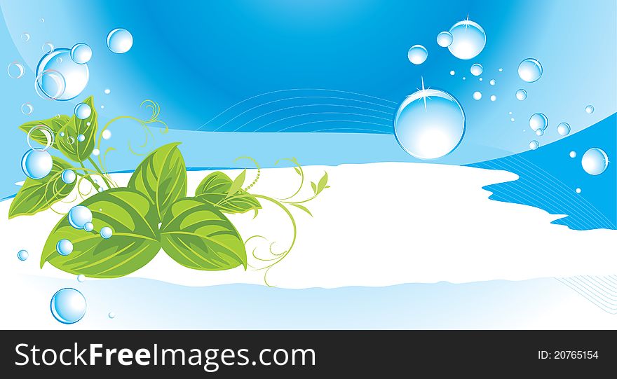 Drops and sprigs on the abstract blue background. Banner. Illustration