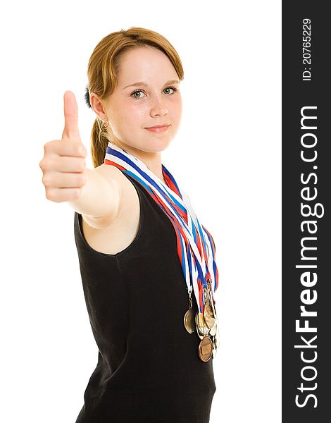 Girl champion on a white background