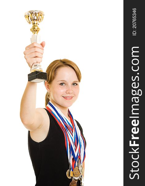 Girl champion on a white background