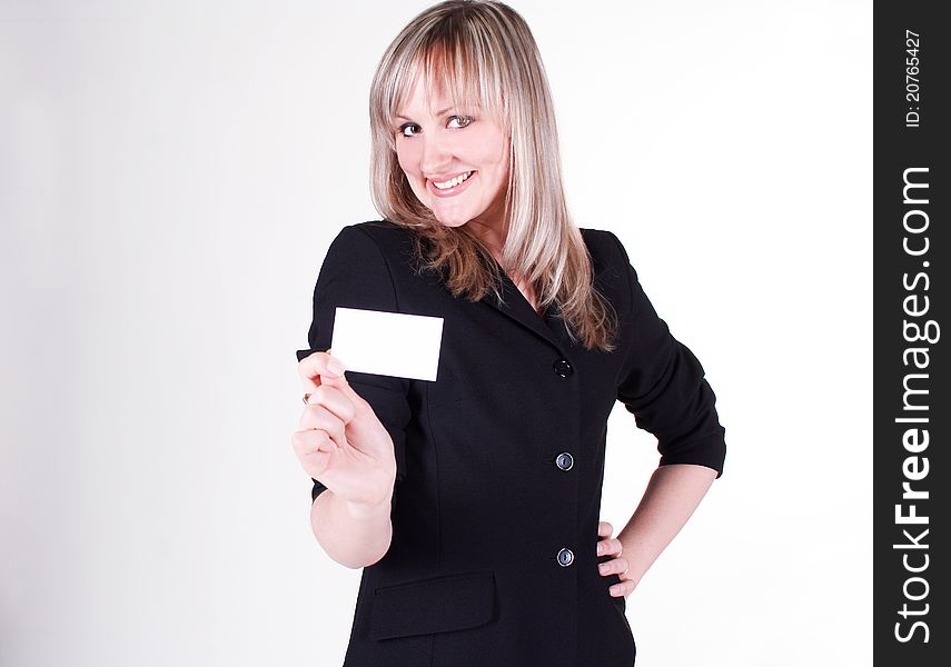 Smiling businesswoman with business card