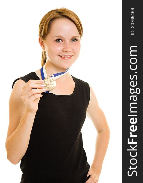 Girl champion on a white background