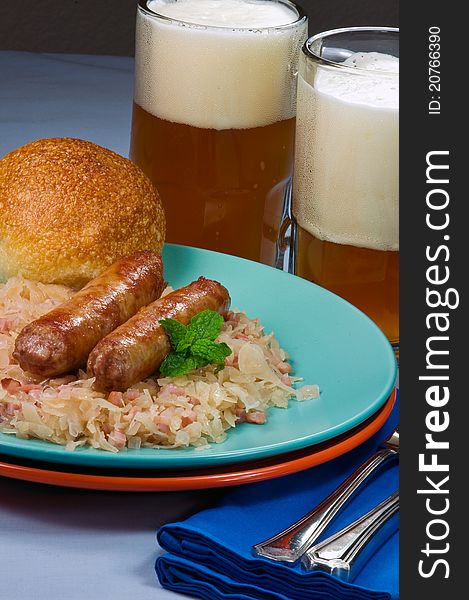Sausages with sauerkraut and beer. Sausages with sauerkraut and beer