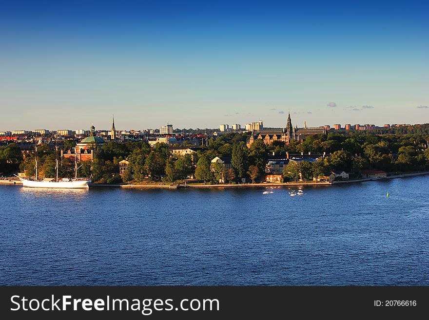 Panorama of Stockholm Harbor at Sunset, Sweden. Panorama of Stockholm Harbor at Sunset, Sweden