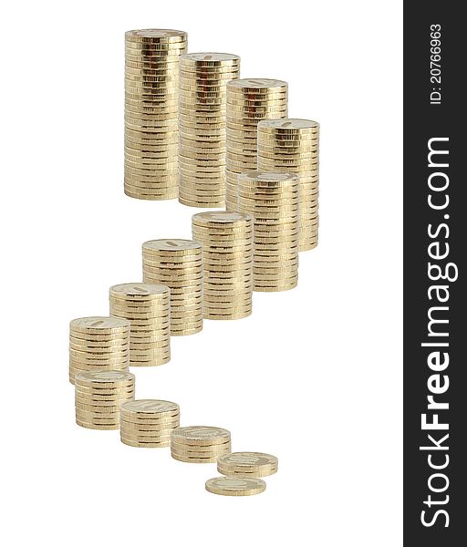 Business concept. Many coins columns from small to big standing on white background as staircase. Business concept. Many coins columns from small to big standing on white background as staircase