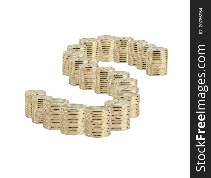 Dollar sign made from lot of coins columns on white background