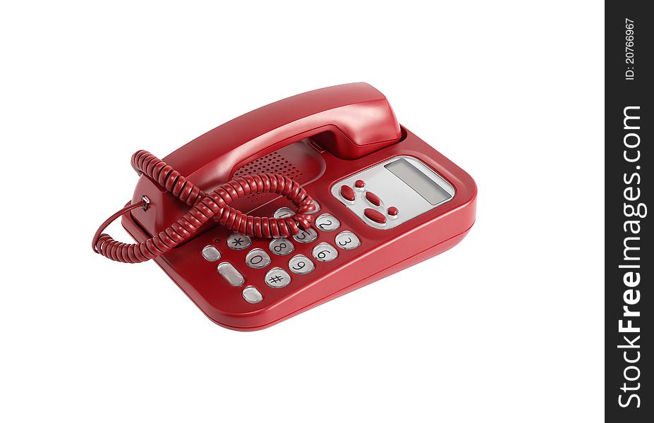 Ordinary red telephone on white background. Isolated with clipping path