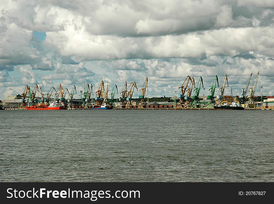 Port cranes on a cloudy day at Klaipeda