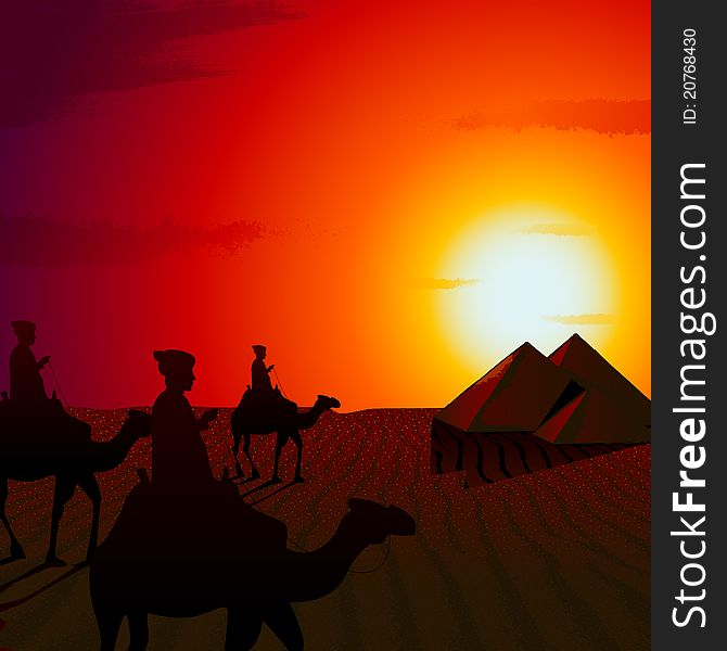 Illustration of people riding on camel in sunset view of desert. Illustration of people riding on camel in sunset view of desert