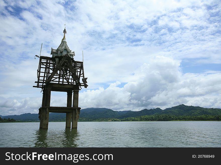 Small Chedi in the river at Sangklaburi, Thailand