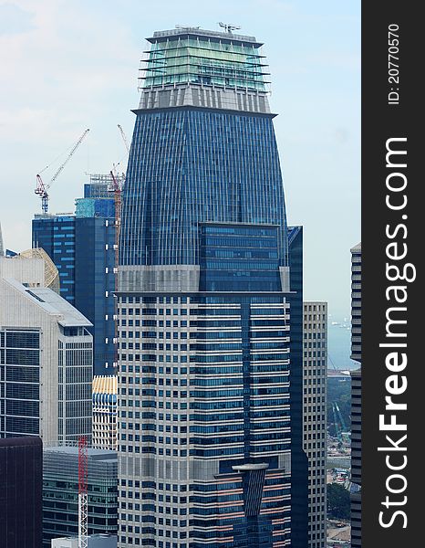 View of the Singapore city from the Skybridge on the 50th storey of the skyscraper Pinnacle@Duxton – first 50-storey public housing project in Singapore