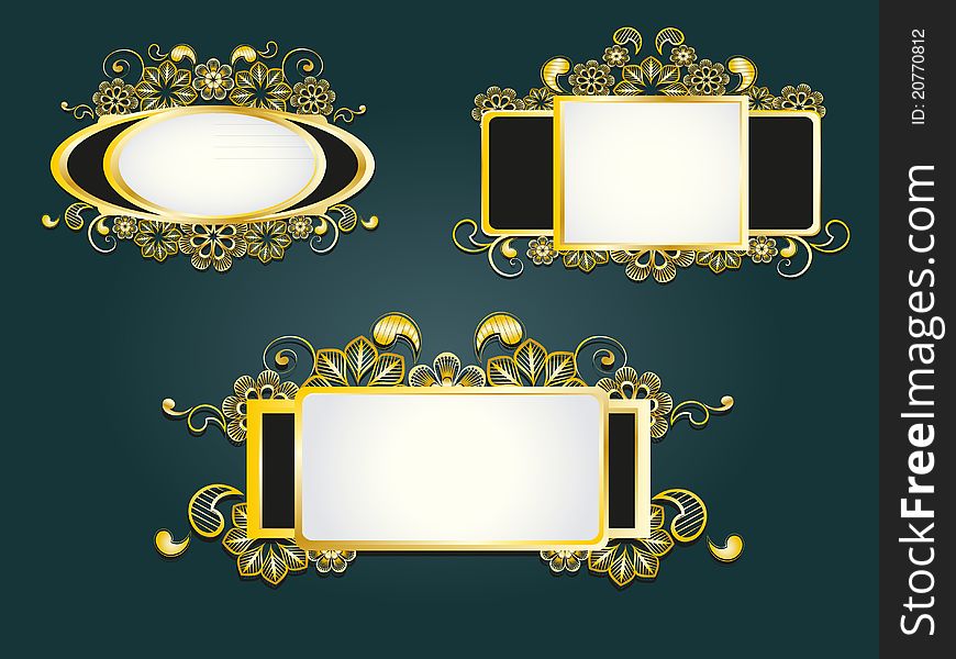 Gold frame set black background, vector illustration