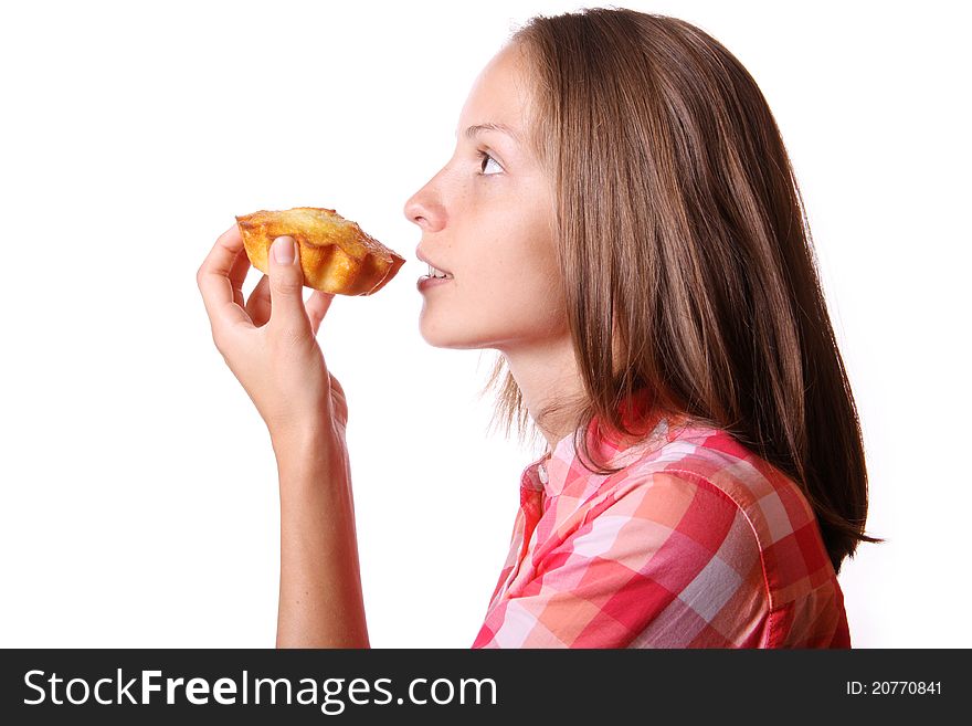 Woman with appetizing cake, on white