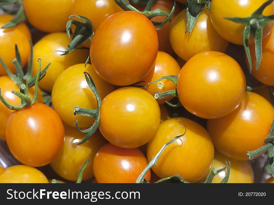 The view on bright orange color ripe cherry tomatos. The view on bright orange color ripe cherry tomatos